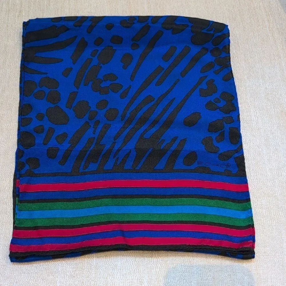 Echo Blue & Black Animal Print Silk Scarf with Bold Stripes